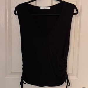 Sweet Rain Ribbed Black Sleeveless Wrap Blouse